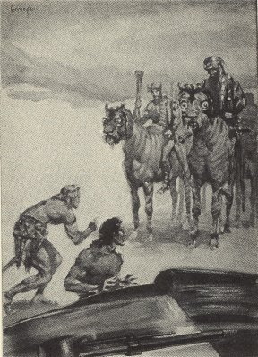 Savage looking men mounted upon zorats