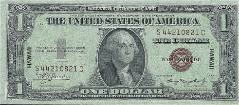 Hawaiian one dollar bill: front