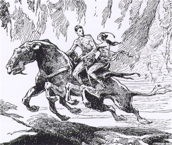 Two people sat in a saddle on the thoat's broad back.